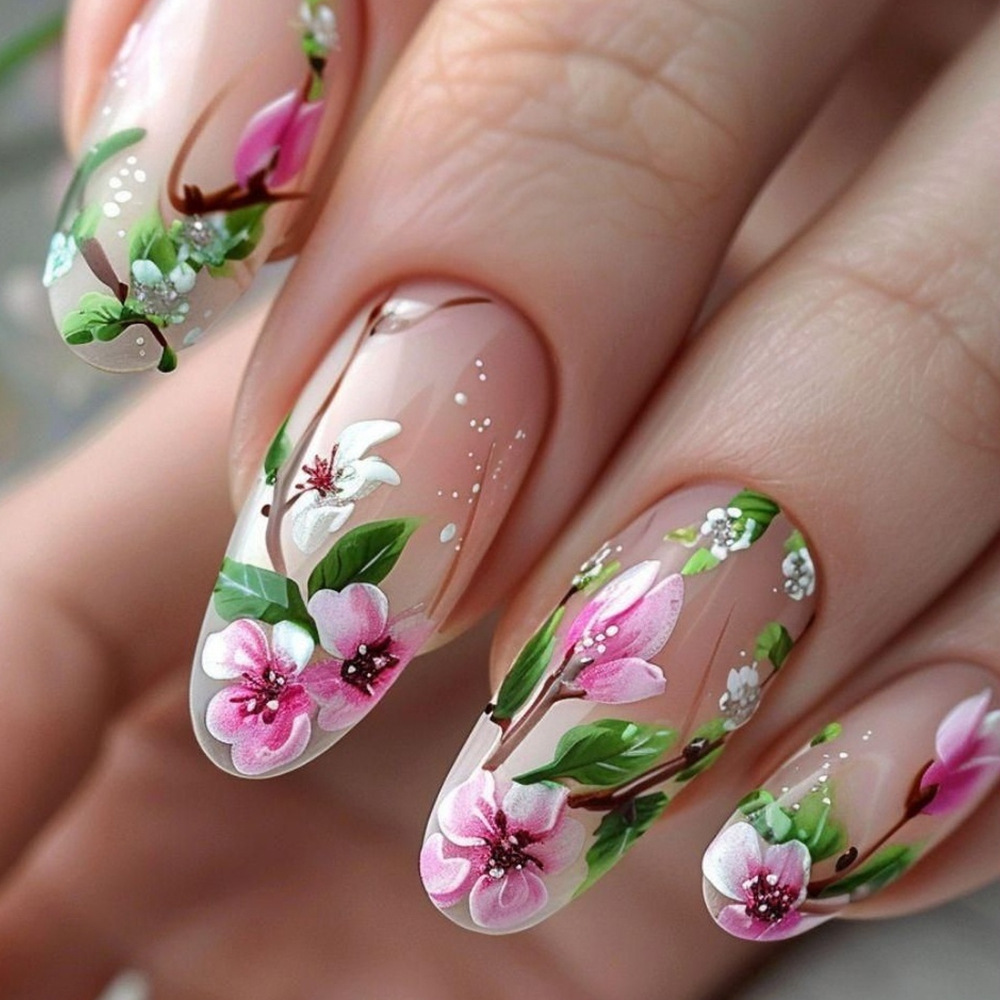 Short Almond Press on Nails 3D - Pressed Flower Art 리뷰 및 가격